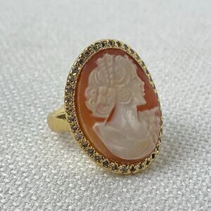 Amedeo Gold Toned Pave Rhinestone Cameo Cocktail Statement Ring White Enamel